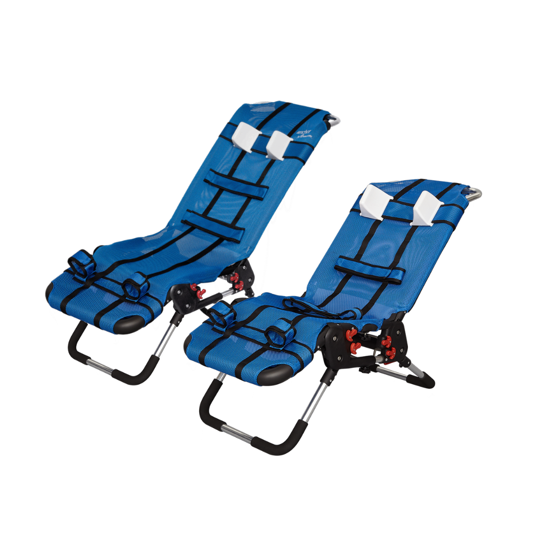 Two Circle Specialty Pediatric Anchor Bath Chairs in blue, featuring metal frames, adjustable black straps, white head supports, and reclined backrests with footrests. Suitable for children or adults with special seating needs.
