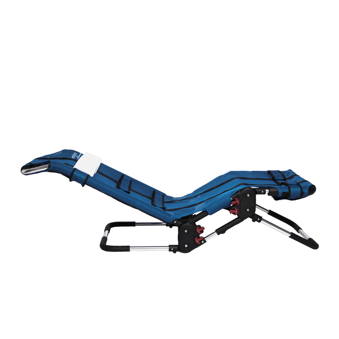 The Circle Specialty Pediatric Anchor Bath Chair is a blue chair with adjustable metal legs and black securing straps, designed like an adjustable bath chair and ideal for emergency or rescue situations.