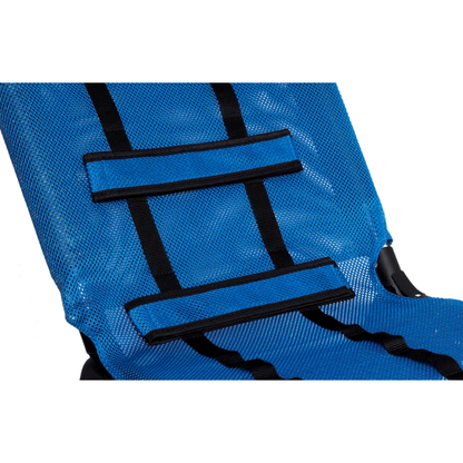 Close-up of the Circle Specialty Pediatric Anchor Bath Chair's blue mesh seat with black straps and two padded sections. The breathable, supportive material offers comfort and usability, making it ideal as a mobility aid for children.
