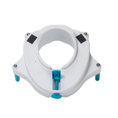 The Drive AquaSense 3-in-1 Contoured Raised Toilet Seat with Arms is a white plastic seat with teal adjustment knobs and short legs, designed to fit standard toilets for added height and improved bathroom safety.