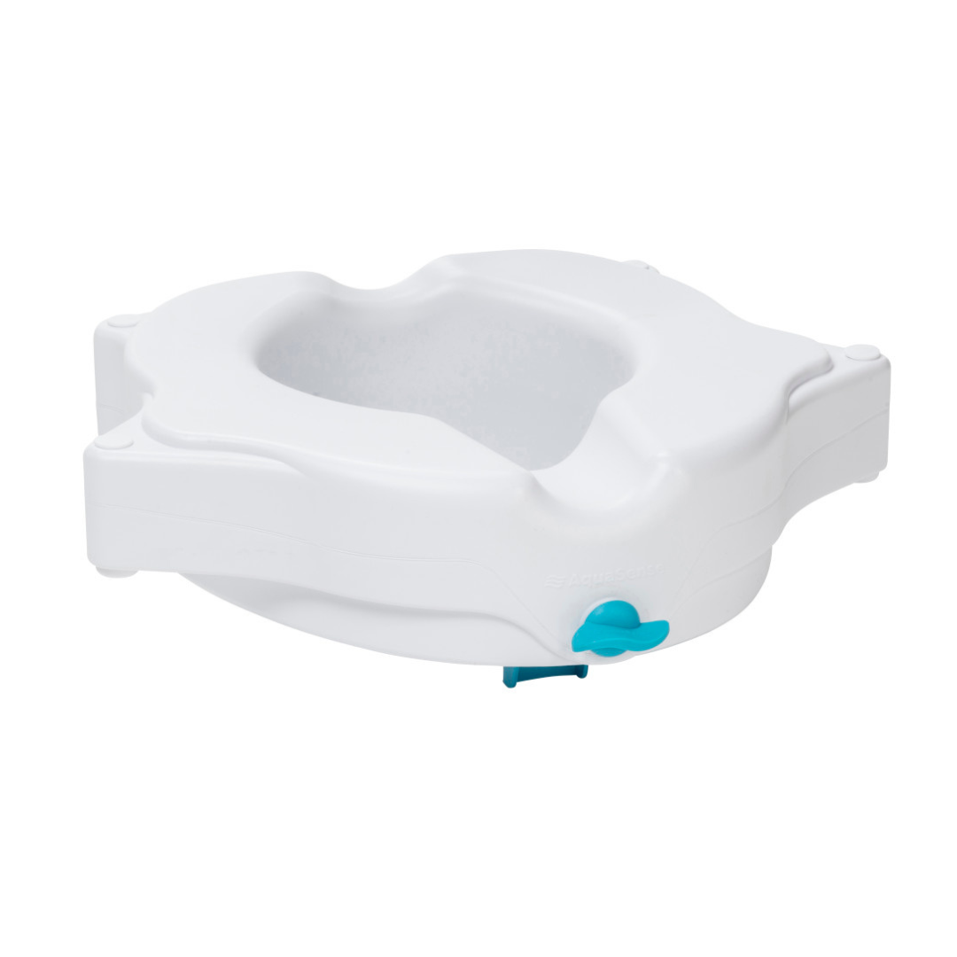 The Drive AquaSense 3-in-1 Contoured Raised Toilet Seat with Arms features a white, plastic design, blue lock, contoured seat, and adjustable handles for secure attachment and enhanced bathroom safety on standard toilets.