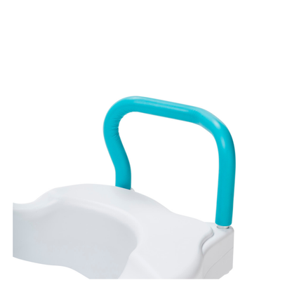 A close-up of the Drive AquaSense 3-in-1 Contoured Raised Toilet Seat with bright blue adjustable arms on a white background—perfect for added bathroom safety.