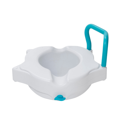 The Drive AquaSense 3-in-1 Contoured Raised Toilet Seat with Arms offers enhanced bathroom safety and support, featuring a white contoured design, blue side handle, and a front blue latch for secure attachment.