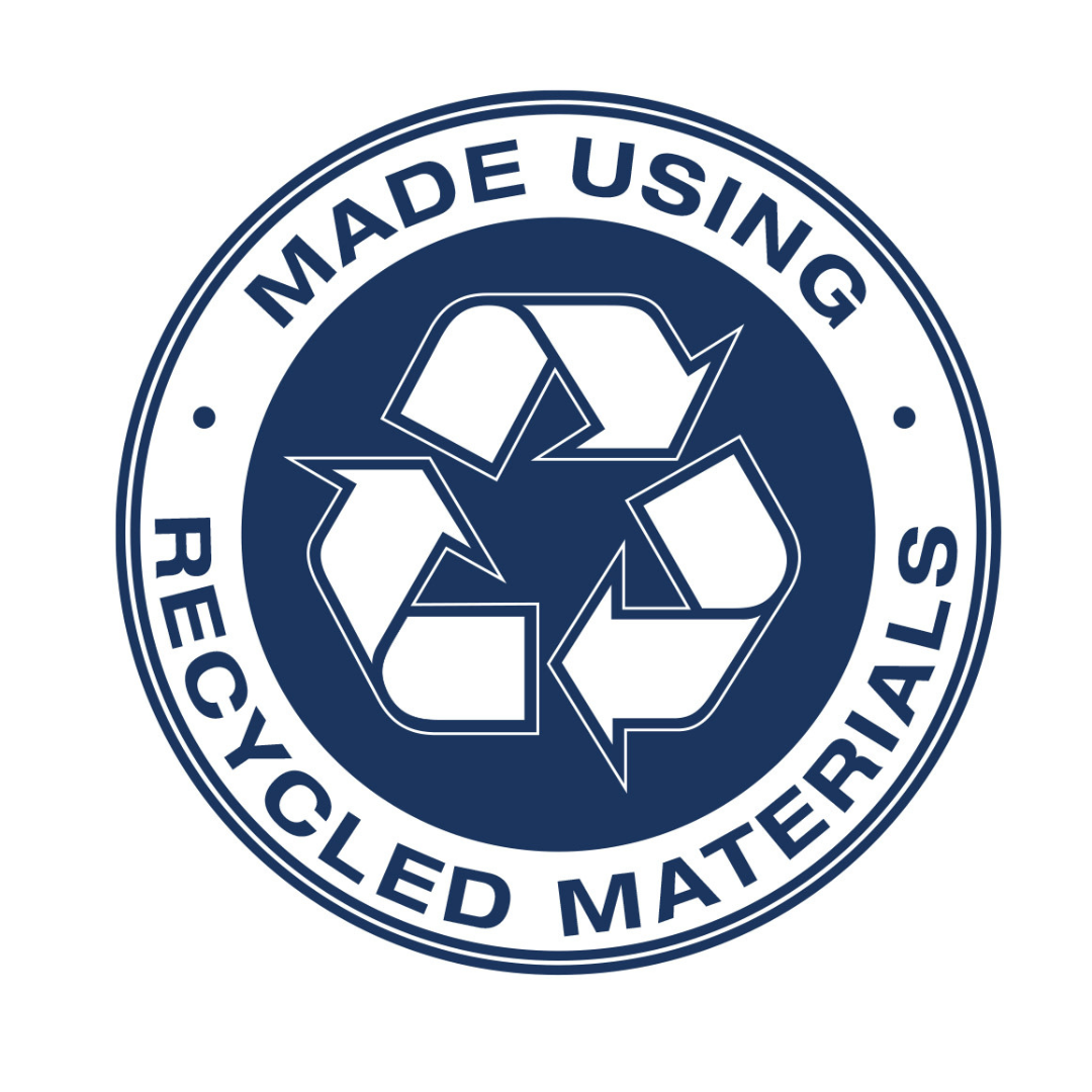 A circular blue and white badge with a recycling symbol in the center and "MADE USING RECYCLED MATERIALS" around the edge, ideal for products like the Drive AquaSense 3-in-1 Contoured Raised Toilet Seat with Arms for bathroom safety.