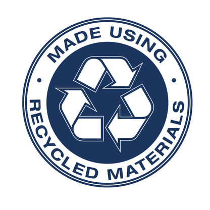 A circular blue and white badge with a recycling symbol in the center and "MADE USING RECYCLED MATERIALS" around the edge, ideal for products like the Drive AquaSense 3-in-1 Contoured Raised Toilet Seat with Arms for bathroom safety.