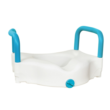 The Drive AquaSense 3-in-1 Contoured Raised Toilet Seat with Arms features blue adjustable handles and a front adjustment knob, designed to enhance safety for users with limited mobility.