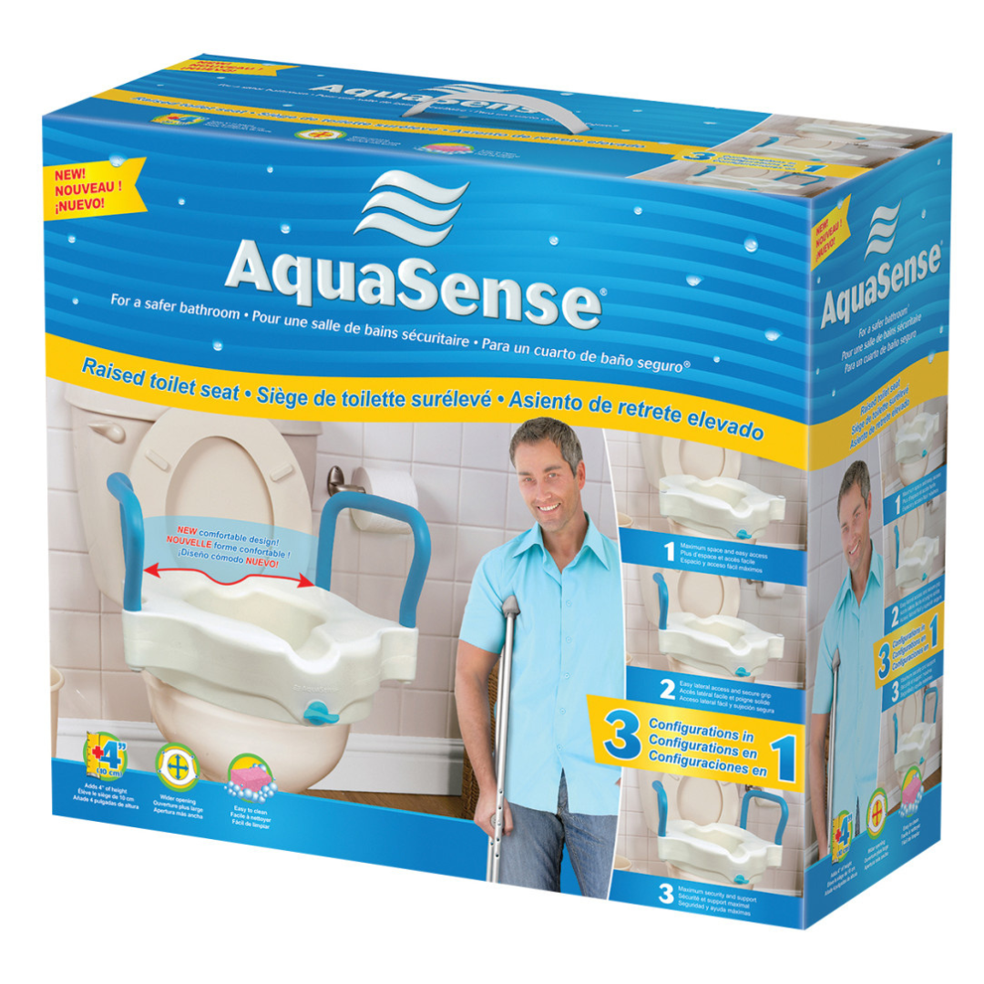 The Drive AquaSense 3-in-1 Contoured Raised Toilet Seat with Arms is shown on packaging with a smiling man demonstrating use, adjustable height and arms, English and French text, plus blue and white branding.