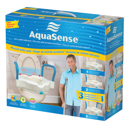 The Drive AquaSense 3-in-1 Contoured Raised Toilet Seat with Arms is shown on packaging with a smiling man demonstrating use, adjustable height and arms, English and French text, plus blue and white branding.