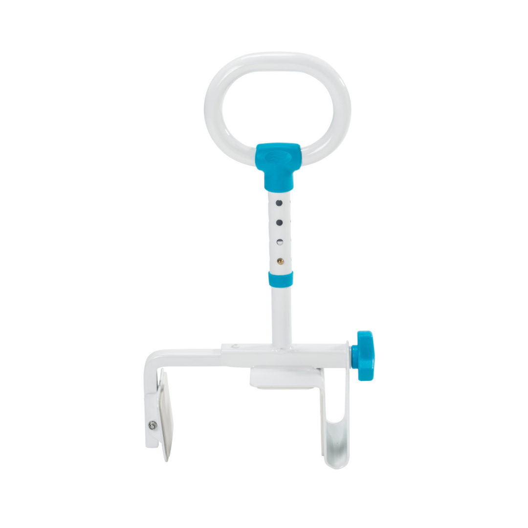 The Drive AquaSense Multi-Adjust Bath Safety Rail is a white and blue bathtub safety rail with a round handle and clamp for secure attachment, enhancing bathroom safety.