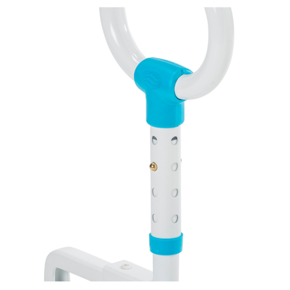 A close-up of the Drive AquaSense Multi-Adjust Bath Safety Rail shows its white metal pole, blue plastic connector, and adjustment holes for safe bathtub support.
