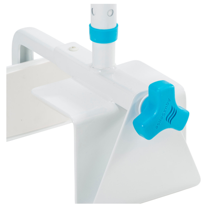 Close-up of the Drive AquaSense Multi-Adjust Bath Safety Rail, a white clamp with blue knob and ring on the vertical pole. This rail attaches securely to flat surfaces to enhance bathroom safety.