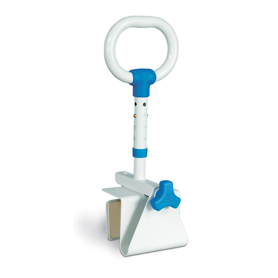 The Drive AquaSense Multi-Adjust Bath Safety Rail is a white and blue adjustable rail with a round handle, clamp base, and padded grips, designed to provide safe support when entering or exiting the bathtub.