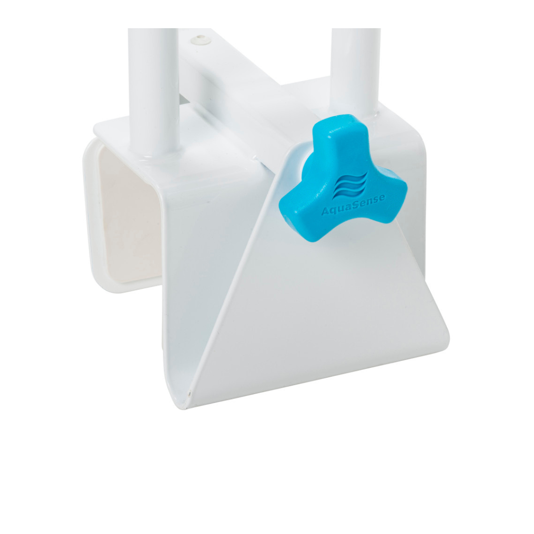 Close-up of the Drive AquaSense Steel Bathtub Safety Rail, a white metal clamp with a triangular base and blue knob, designed for secure attachment. Features tool-free installation for easy setup and enhanced bathtub safety.