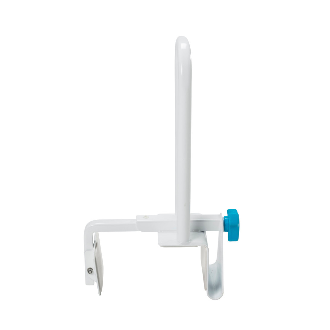Side view of the Drive AquaSense Steel Bathtub Safety Rail in white metal with a blue adjustment knob and curved handle, designed for tool-free installation and adjustable height on the edge of your bathtub.