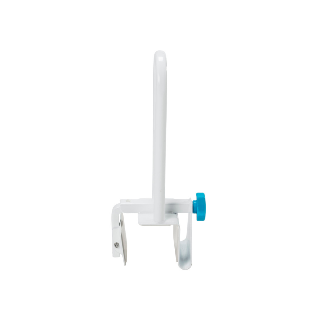 The Drive AquaSense Steel Bathtub Safety Rail is a white metal bracket with a vertical handle and blue adjustment knob. It features adjustable height, tool-free installation, and provides secure bathtub mounting for safety.