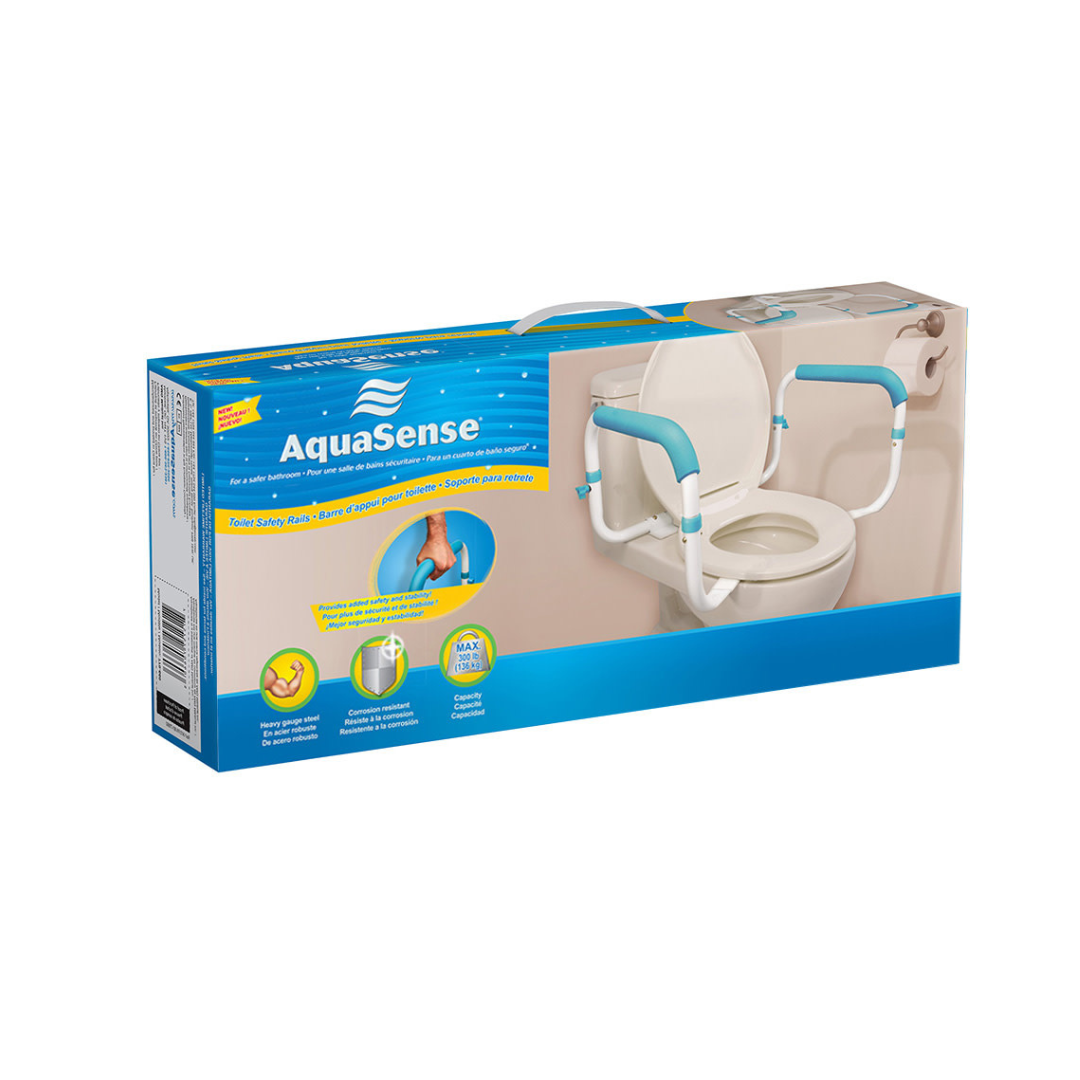Box of Drive AquaSense Toilet Safety Rails featuring the product on a toilet, brand name, and illustrations of features like secure fit and easy installation. Blue, white, and yellow packaging also mentions adjustable toilet safety frame.