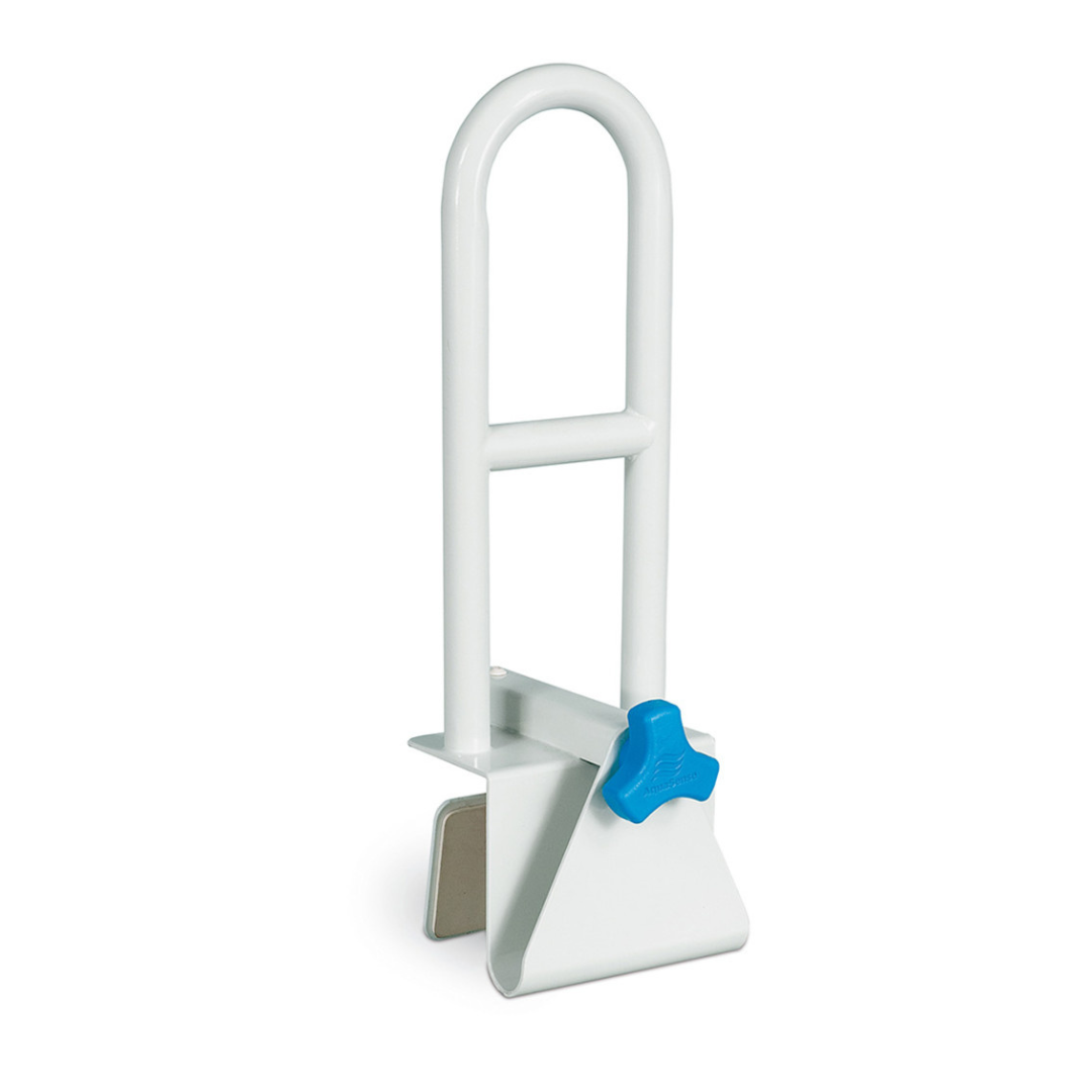 The Drive AquaSense Steel Bathtub Safety Rail is a white metal support with a blue knob, adjustable height, and tool-free installation. It clamps onto your bathtub to help you get in and out safely.