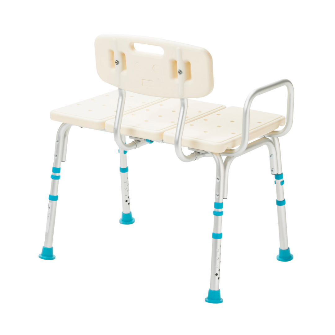 The Drive Aquasense Adjustable Bathtub Transfer Bench offers comfort and bath safety with its white seat, backrest, drainage holes, side handle, and four sturdy metal legs fitted with blue rubber tips.
