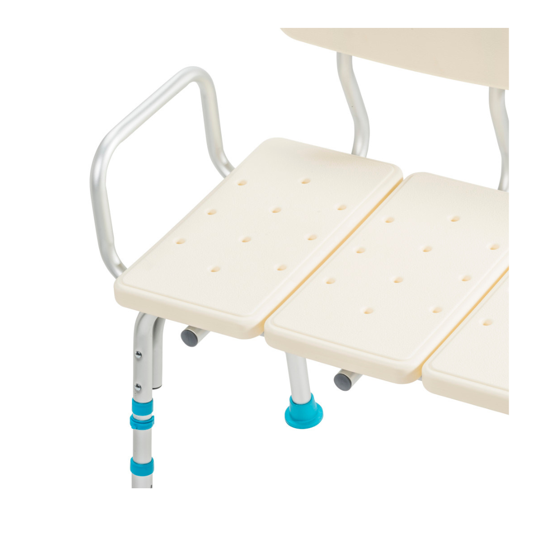 Close-up of the Drive Aquasense Adjustable Bathtub Transfer Bench in beige, featuring metal legs, grip handles, and blue adjustment knobs for stability and comfort during safe bathtub transfers.