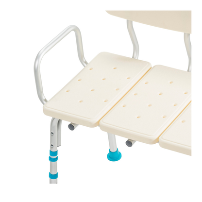 Close-up of the Drive Aquasense Adjustable Bathtub Transfer Bench in beige, featuring metal legs, grip handles, and blue adjustment knobs for stability and comfort during safe bathtub transfers.