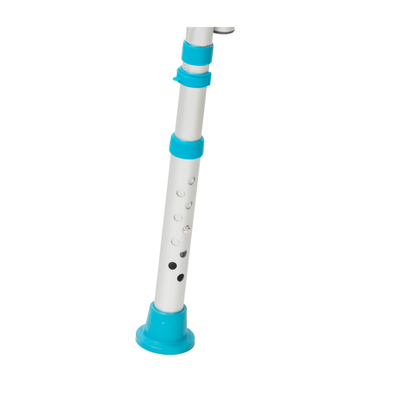The Drive Aquasense Adjustable Bathtub Transfer Bench features a white metal adjustable pole with light blue plastic accents, a blue rubber foot, and multiple adjustment holes for secure use with bath safety or transfer benches.