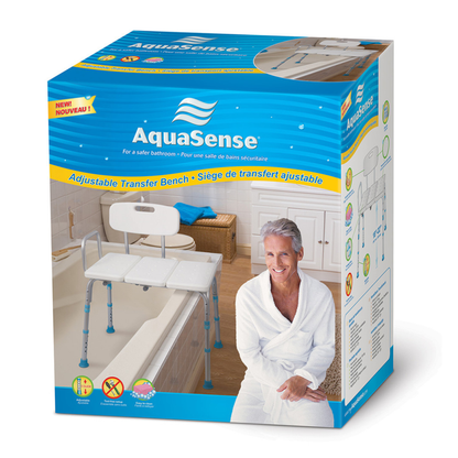 A box of Drive Aquasense Adjustable Bathtub Transfer Bench displays the adjustable bench spanning a tub, with a smiling older person in a white robe seated by the bathtub.