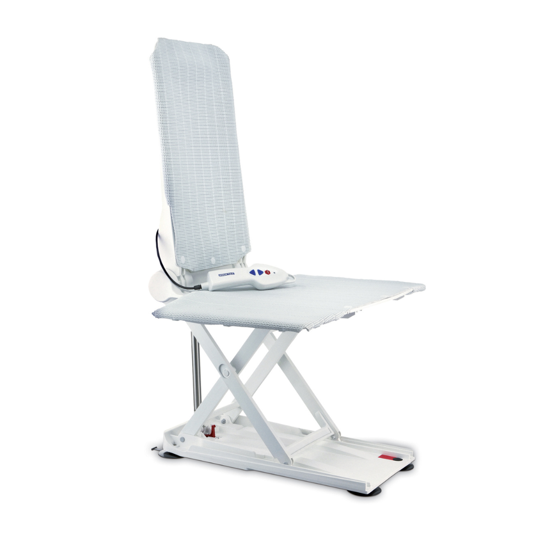 The Aquatec XL Heavy Duty Reclining Bath Lift is a white, adjustable chair with a tall backrest and seat, plus a handheld control, designed to assist individuals in safely getting in and out of the bathtub.