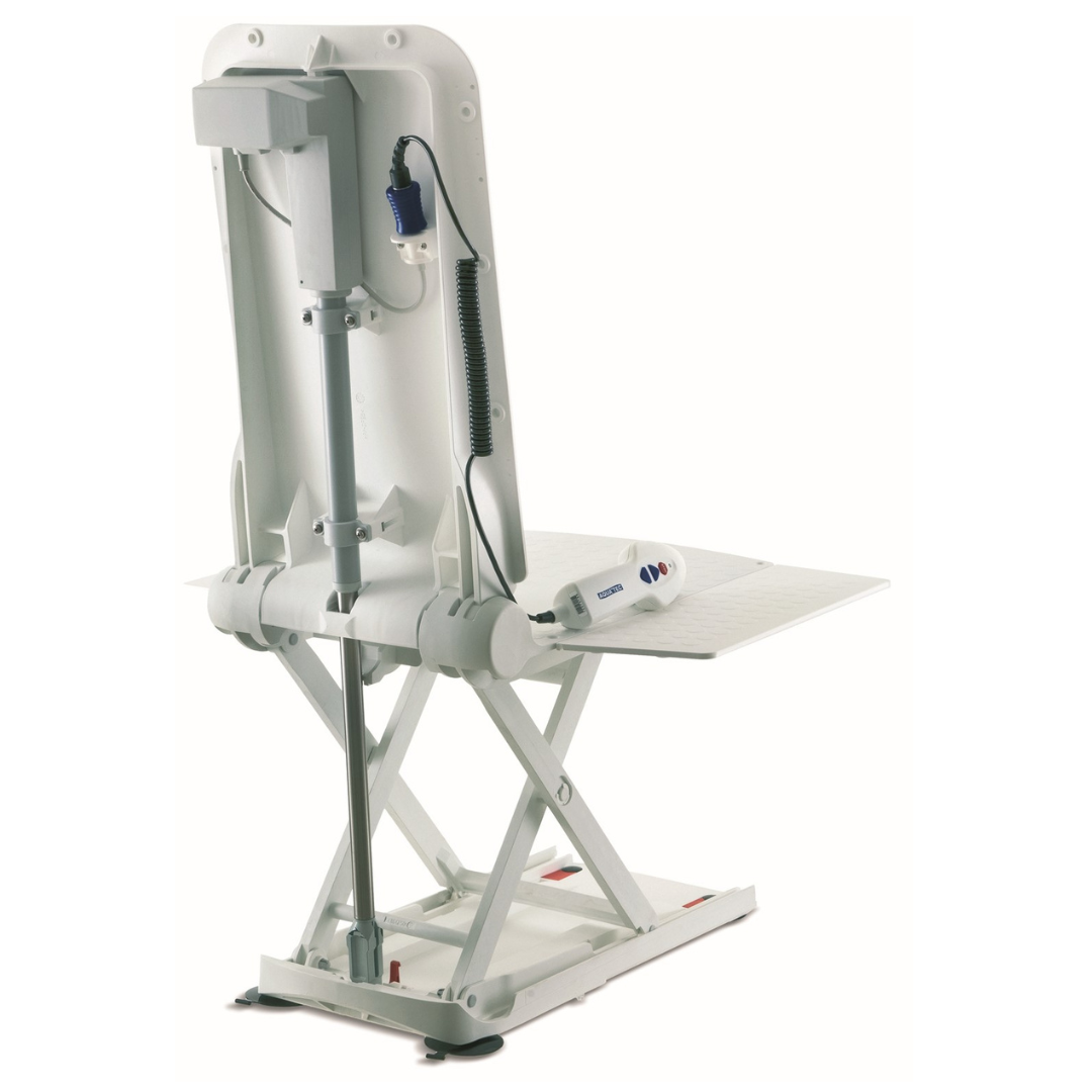 The Aquatec XL Heavy Duty Reclining Bath Lift is a white, motorized device with a seat, backrest, and remote control. Its sturdy metal frame helps users safely enter and exit the bathtub.