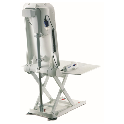 The Aquatec XL Heavy Duty Reclining Bath Lift is a white, motorized device with a seat, backrest, and remote control. Its sturdy metal frame helps users safely enter and exit the bathtub.