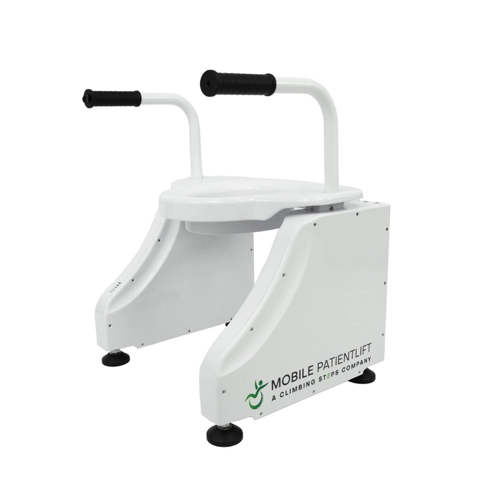 The ArGo Bariatric Electric Toilet Lift is a white, compact lifter with an ergonomic seat, two black-handled support bars, and four sturdy legs. Designed to aid bathroom access for individuals with mobility challenges. Mobile Patient Lift logo on the side.