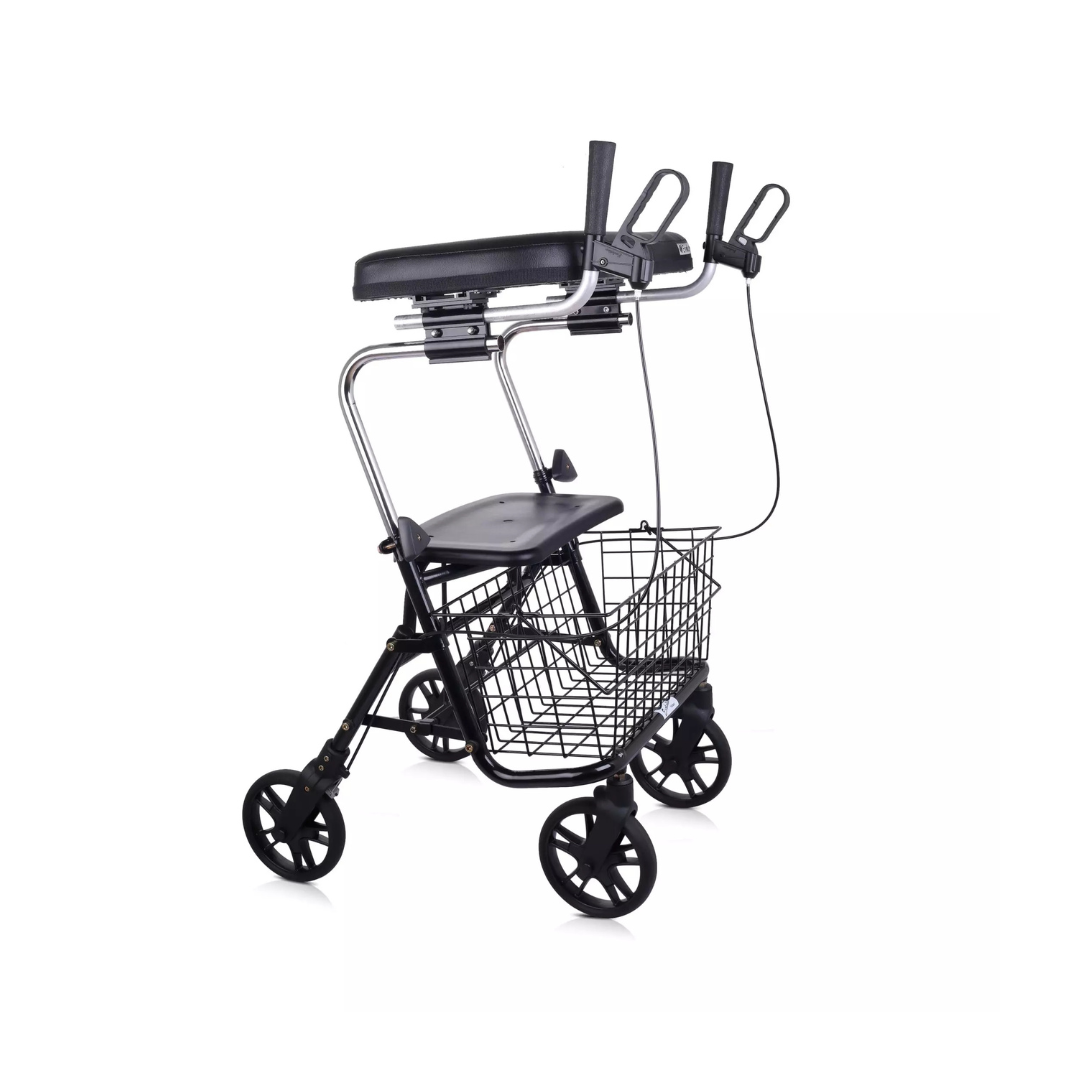 The Arm Platform System For Evolution Rollators is a black, four-wheeled rollator with high forearm supports, built-in seat, ergonomic brakes, and a wire basket under the seat, displayed against a white background.