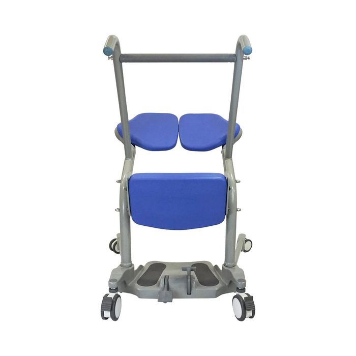 The Mobile PatientLift Ascend & Go Sit-to-Stand Bariatric Patient Lift features a gray metal frame, blue padded knee and seat supports, handlebar, and four wheels to assist with standing or transfers while supporting patient dignity.
