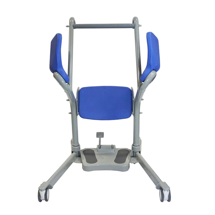 The Mobile PatientLift Ascend & Go Sit-to-Stand Bariatric Patient Lift features a blue padded seat, arm supports, silver frame, footrest, and wheels for mobility—providing reliable and dignified patient transfers.