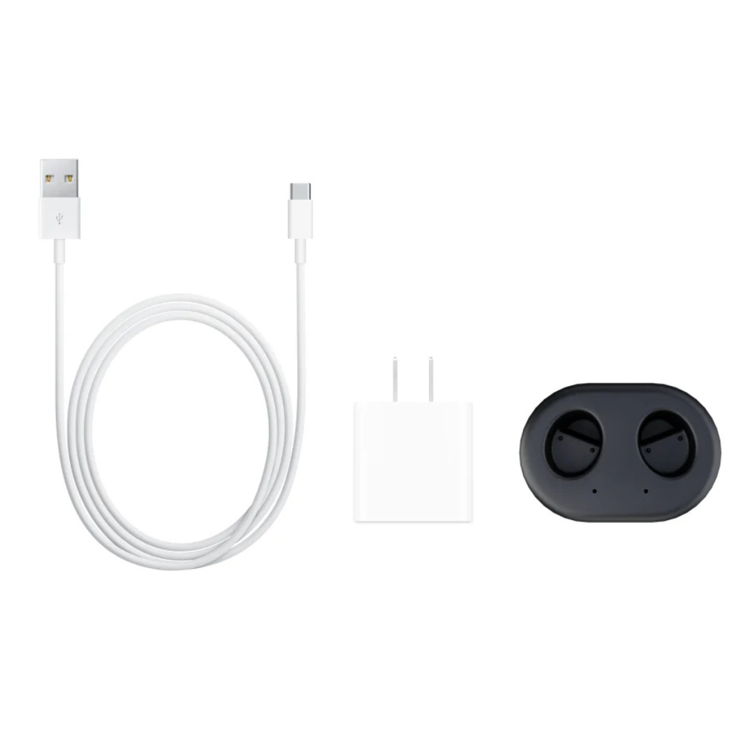 The Audien Hearing Atom Charger + Dock, including a white USB-A to USB-C charging cable, white wall charger, and black oval case with Audien Atom hearing aids, are arranged side by side on a white background.