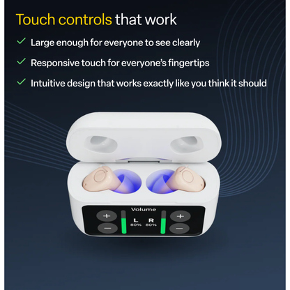 The Audien Hearing Atom X Hearing Aids come in an open digital charging case with responsive touch controls and LED indicators, inspired by touchscreen hearing aid technology for intuitive, user-friendly operation.