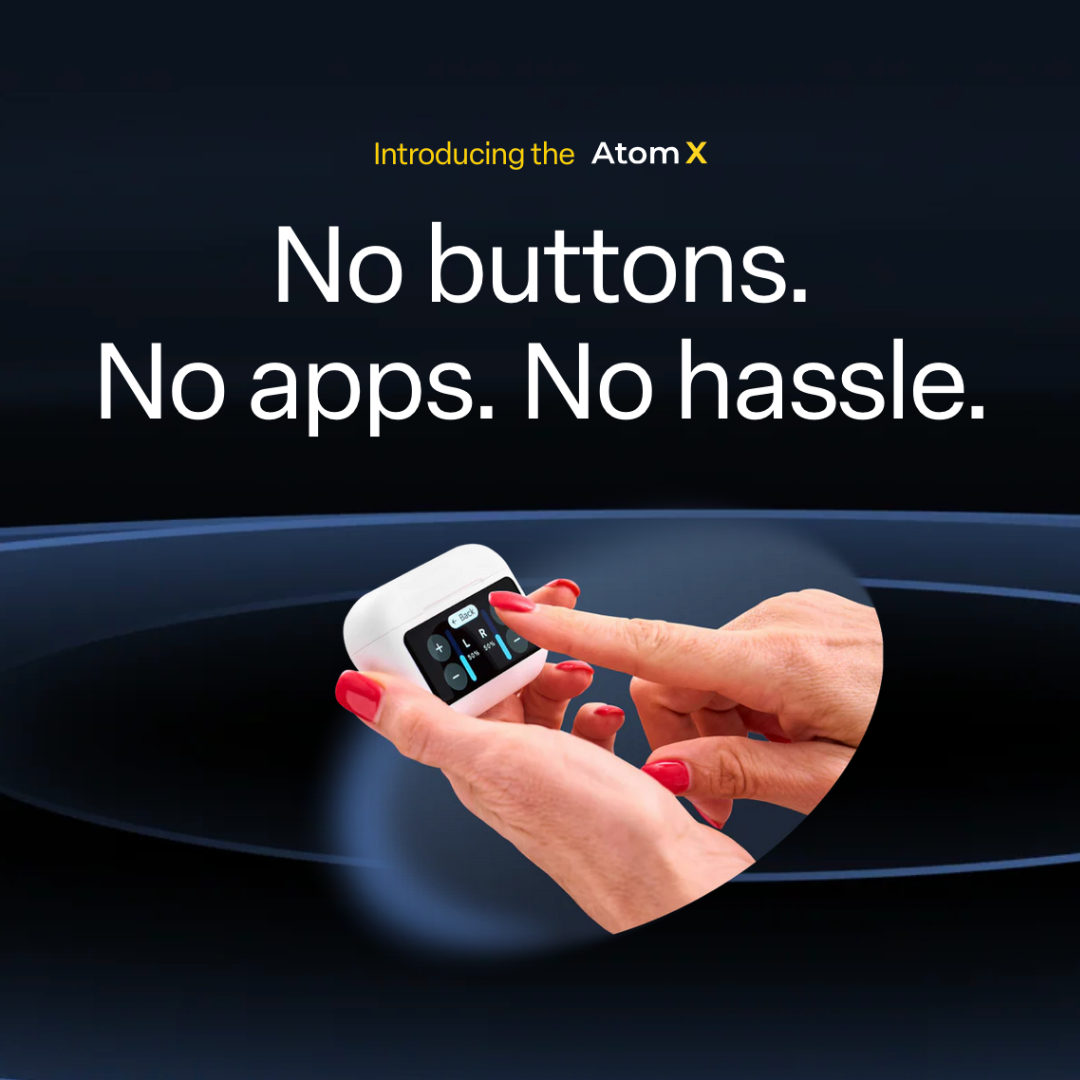 A person with red nail polish taps a small white Audien Hearing Atom X Hearing Aid with Digital Case Control—no buttons, no apps, no hassle. The background is dark with blue curved lines.