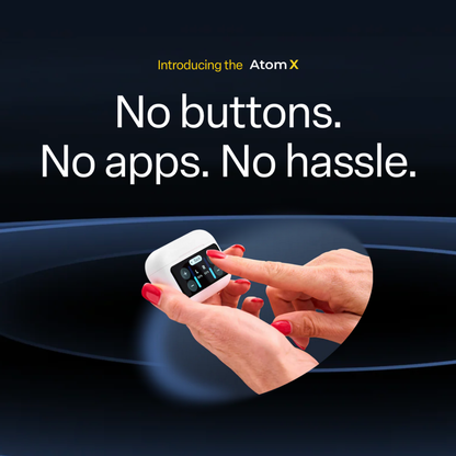 A person with red nail polish taps a small white Audien Hearing Atom X Hearing Aid with Digital Case Control—no buttons, no apps, no hassle. The background is dark with blue curved lines.