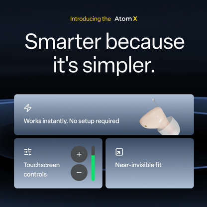 Promotional graphic for Audien Hearing Atom X Hearing Aids with Digital Case Control. Text: Works instantly, no setup needed, touchscreen controls, and discreet fit. Features a small image of the device and its digital charging case.
