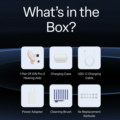 Image listing contents of the Audien Hearing Atom X Hearing Aids with Digital Case Control: 1 pair of hearing aids, digital charging case, USB-C cable, power adapter, cleaning brush, and 6 replacement earbuds.