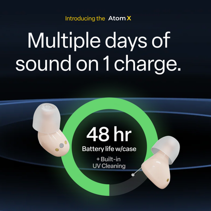 Audien Hearing Atom X Hearing Aids with Digital Case Control offer prescription-free hearing enhancement, 48-hour battery life with case, built-in UV cleaning, and multiple days of use per charge. Shown: two earbuds with a green battery life graphic.