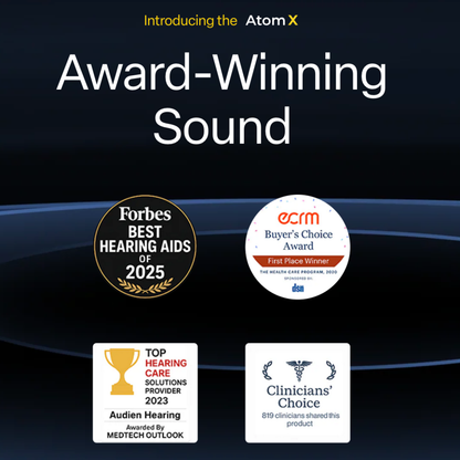 A promotional image for Audien Hearing Atom X Hearing Aids with Digital Case Control highlights four awards—Forbes Best Hearing Aids 2025, ECRM Buyer’s Choice, MEDTECH OUTLOOK 2023, and Clinicians’ Choice—and its portable charging case.
