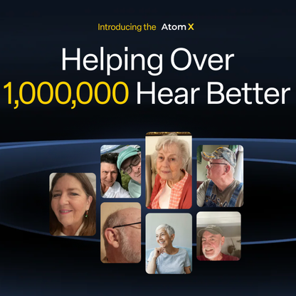A promotional graphic for Audien Hearing Atom X Hearing Aids with Digital Case Control shows the text Helping Over 1,000,000 Hear Better and eight photos of smiling older adults using the devices, all set against a dark background.