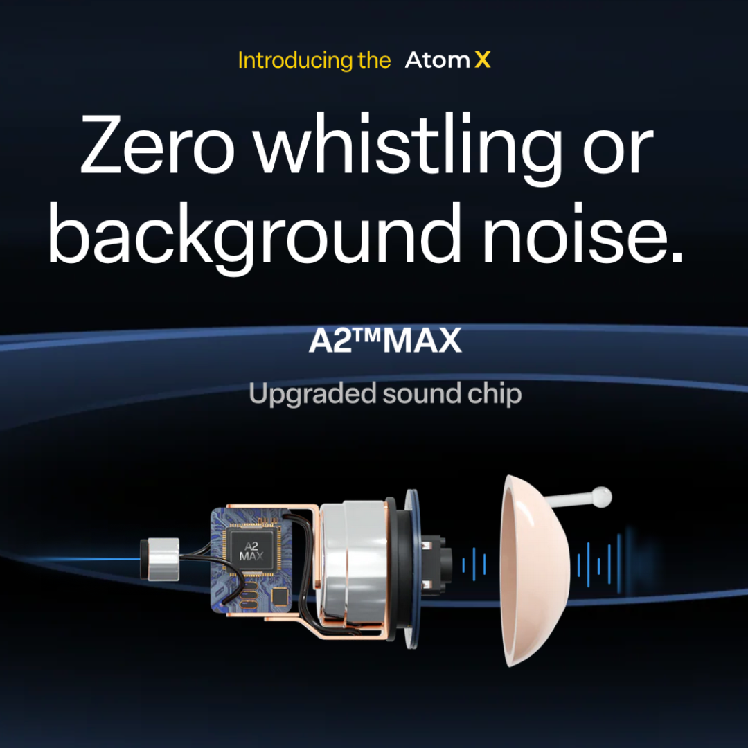 A graphic of the Audien Hearing Atom X Hearing Aids with Digital Case Control features text stating Zero whistling or background noise, highlighting its advanced sound chip. The device is shown with sound wave graphics and a digital charging case.