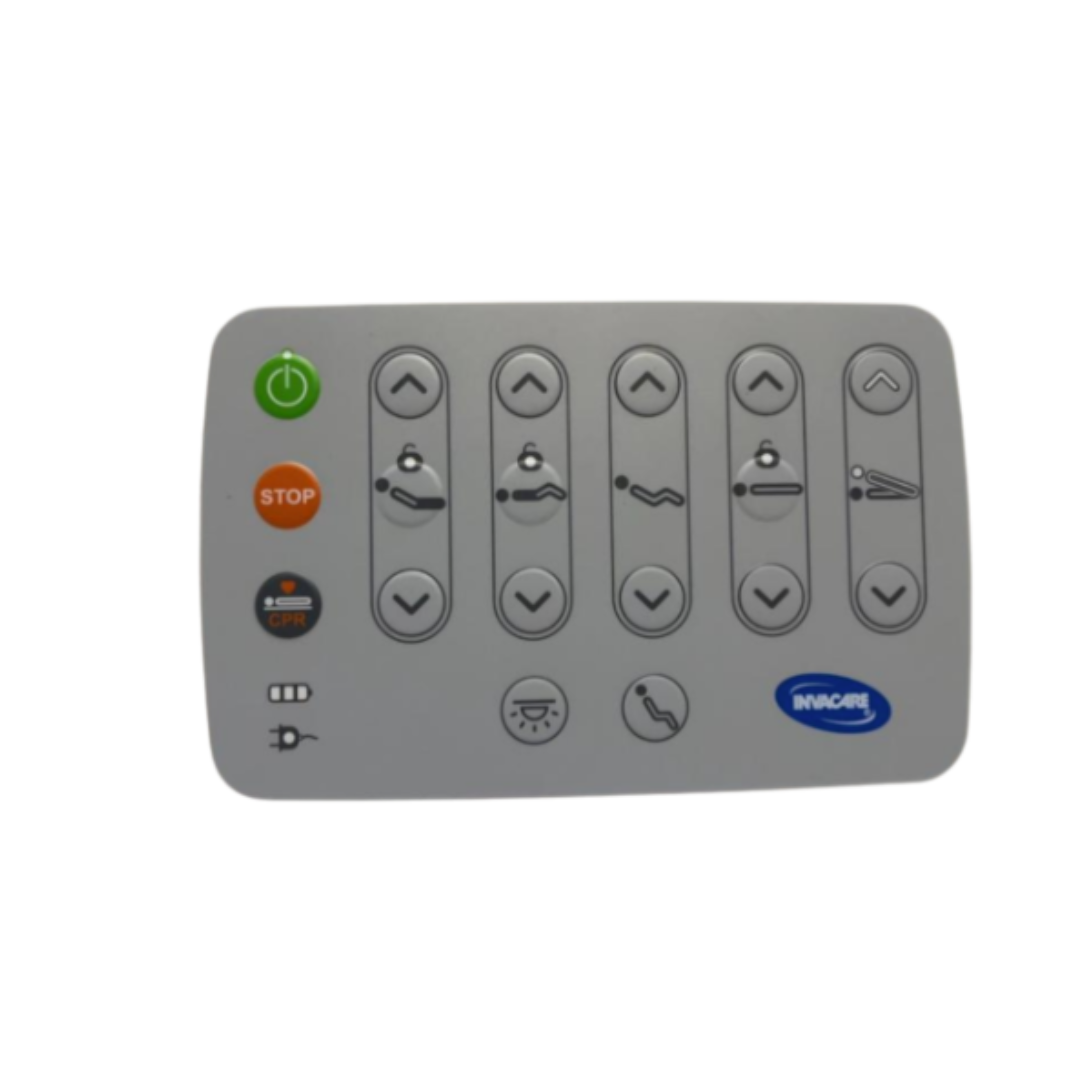A gray Attendant Control Panel designed for the Invacare CS600 Bed, featuring various buttons—including power, stop, and multiple adjustment controls with arrow icons and symbols—for managing bed settings.