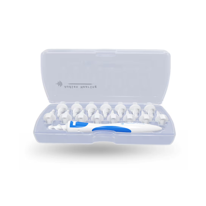 A clear plastic case contains the Audien Ear Cleaning Kit, featuring a white and blue handle with a spiral design and 16 reusable cleaning attachments arranged in rows.