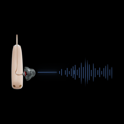 The Audien Hearing ION Pro 2 Over-The-Ear High Def Hearing Aid emits blue sound waves on a black background, illustrating amplified sound with directional technology.