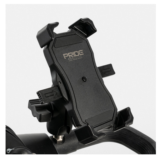 A black adjustable Pride Mobility BAJA® Scooter Cell Phone Holder is mounted on a bicycle handlebar, securely holding your mobile device during rides and keeping it safe and accessible.