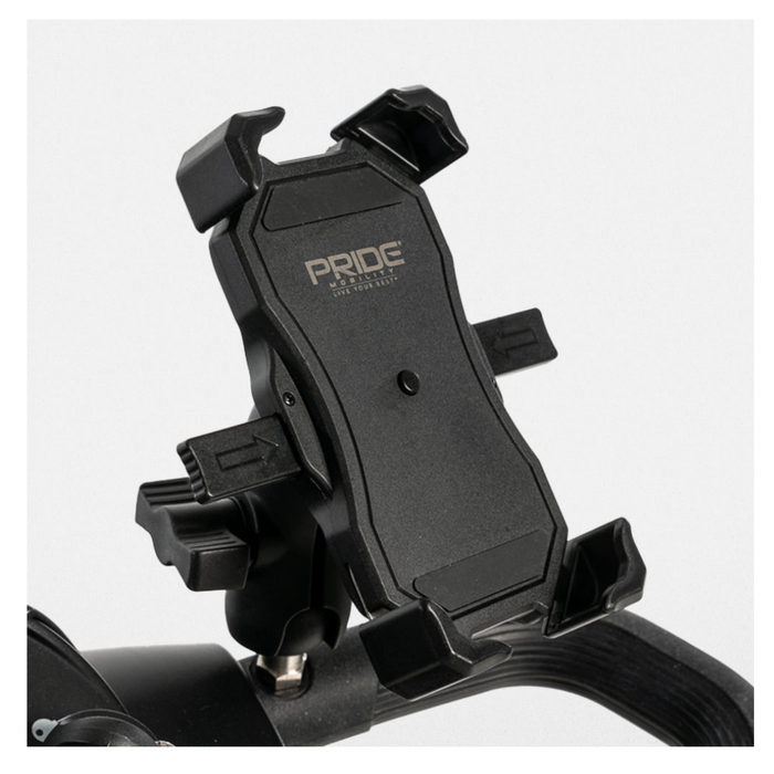 A black adjustable Pride Mobility BAJA® Scooter Cell Phone Holder is mounted on a bicycle handlebar, securely holding your mobile device during rides and keeping it safe and accessible.
