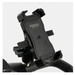 A black adjustable Pride Mobility BAJA® Scooter Cell Phone Holder is mounted on a bicycle handlebar, securely holding your mobile device during rides and keeping it safe and accessible.