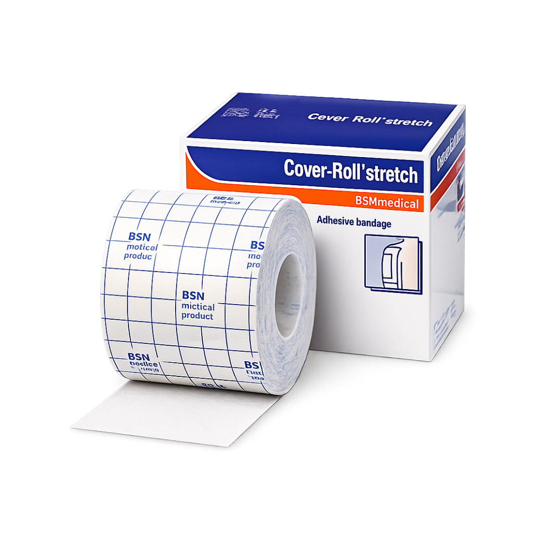 A roll of BSN Stretch Cover-Roll® Dressing Retention Tape with Liner is displayed beside its white and blue box, with a partially unrolled strip in front. For specs and videos, see additional resources.